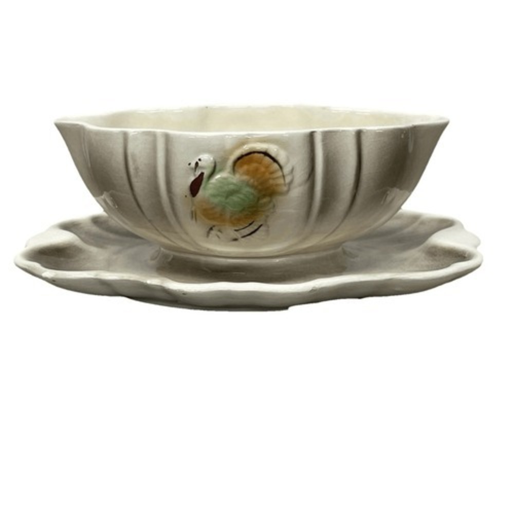 Vintage Lane & Co Turkey Gravy Boat w/ Attached Underplate Thanksgiving #2610